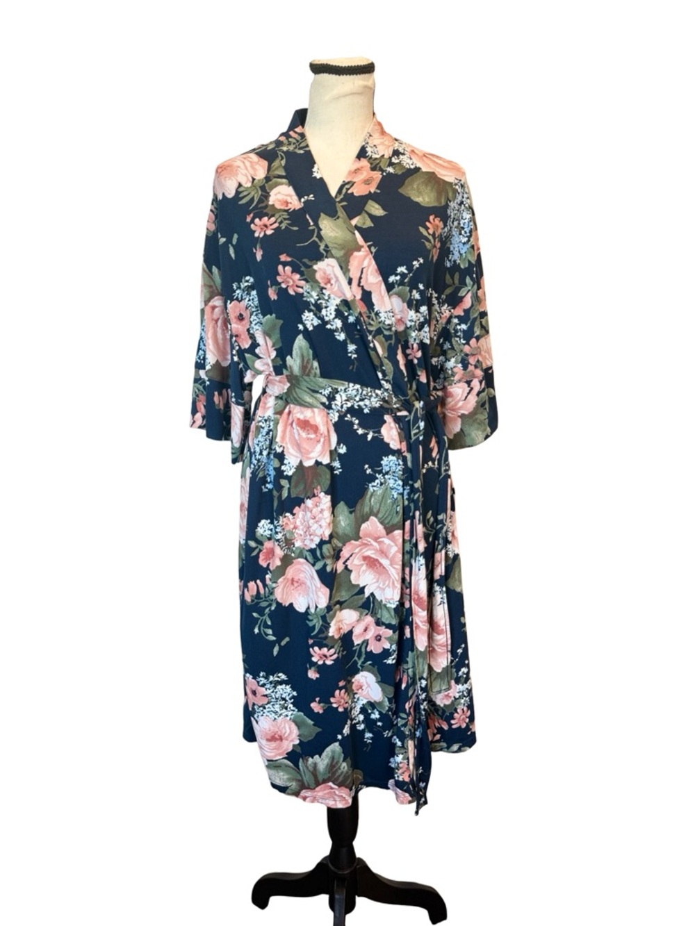 Floral Kimono Robe S/M Navy Pink Wrap Lounge Robe Pockets Belted